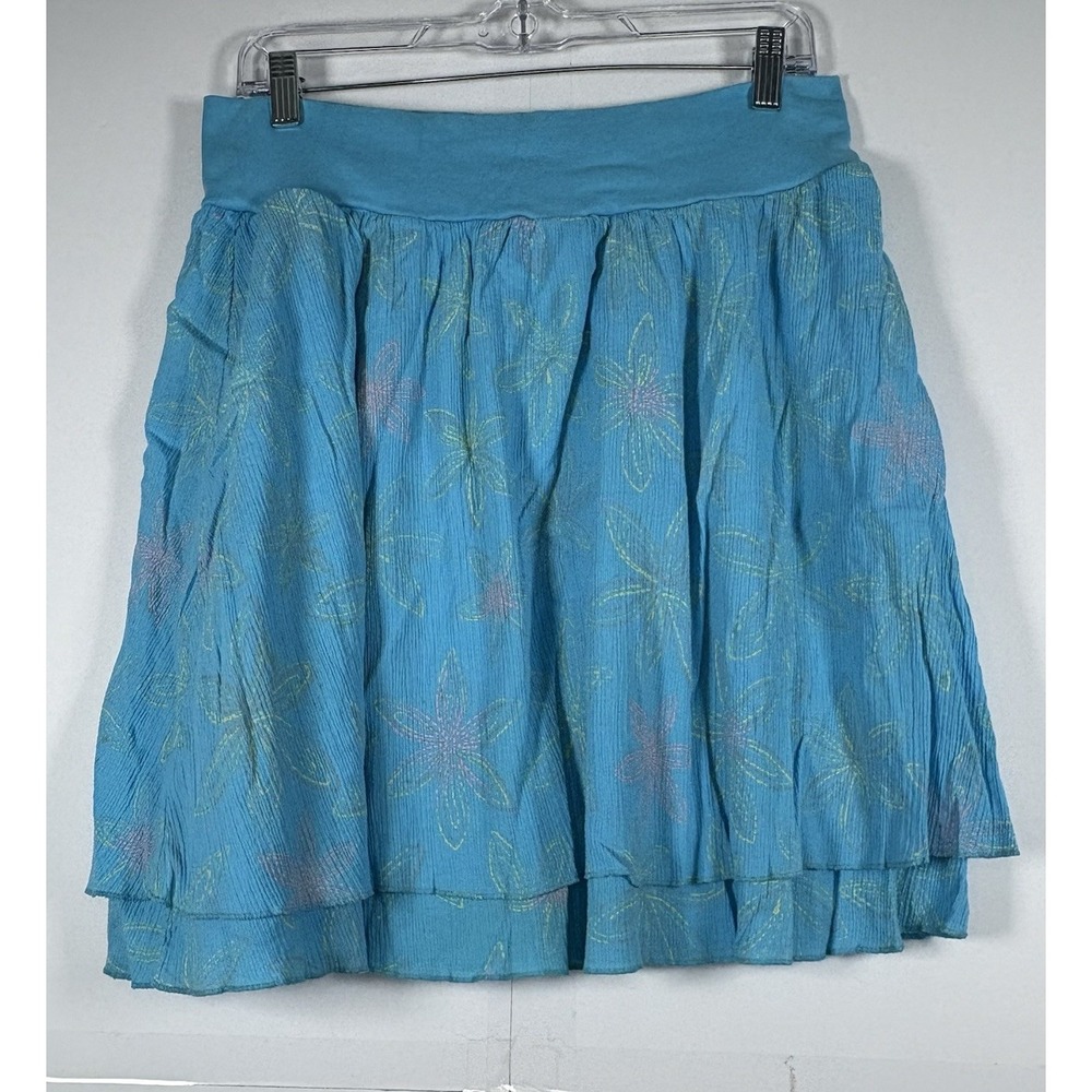 Fresh Produce Women's Tiered Cotton Floral Blue Skirt Aqua Sz Lg Lightweight‎
